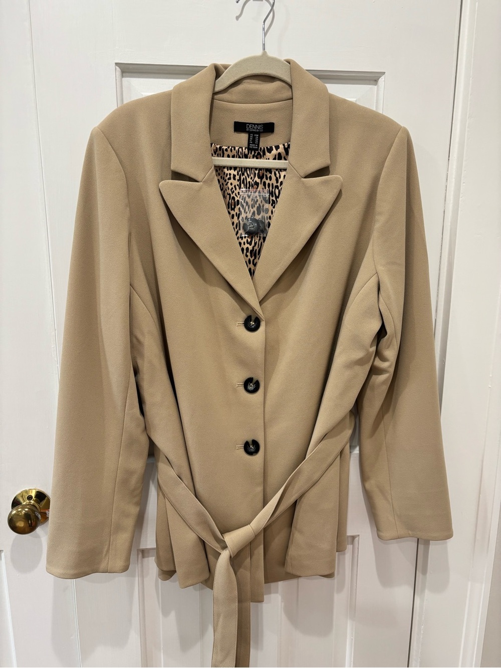 dennis basso Tan Belted Women's Blazer with Leopard Lining